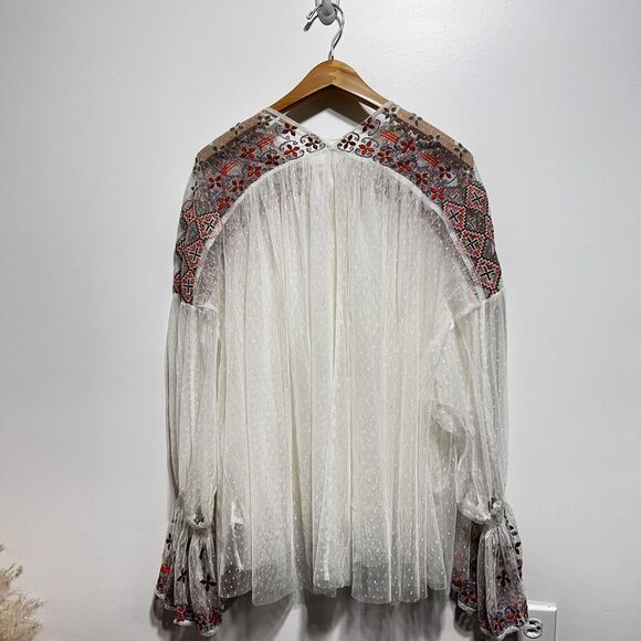 Free People Joyride Sheer Tulle Embroidery Oversized Top Long Sleeve Sz S Ivory - Picture 8 of 14
